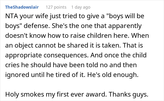 A screenshot of a comment asserting that the wife's defense for the nephew punching baby daughter is wrong.