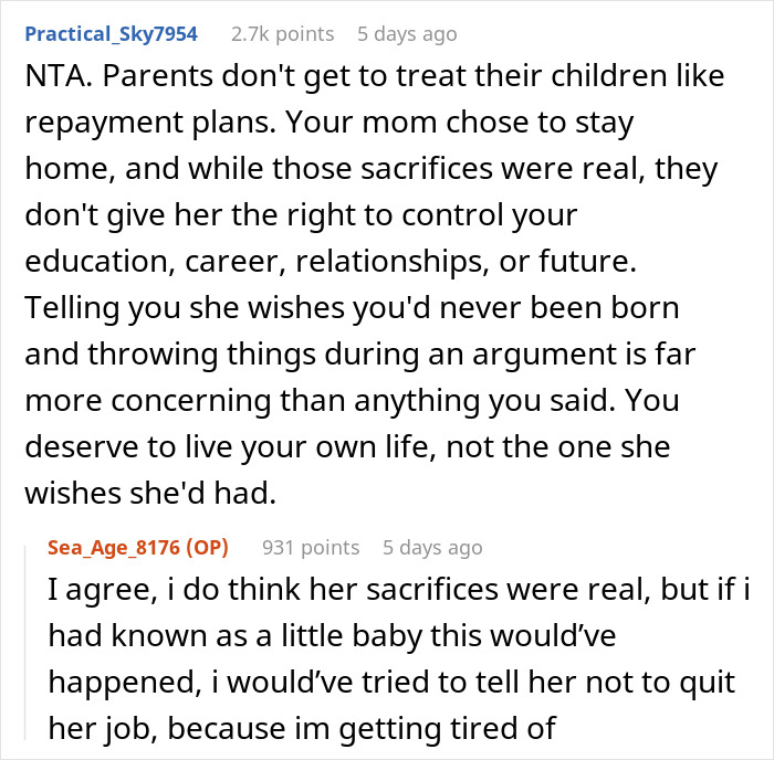 SAHM Tries To Live Through 18YO Daughter After Giving Up Her Career, Teen Finally Pushes Back SAHM Tries To Live Through 18YO Daughter After Giving Up Her Career, Teen Finally Pushes Back