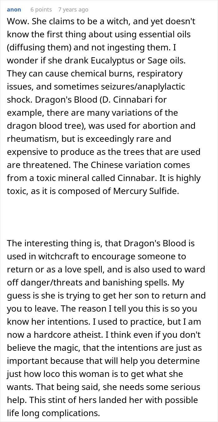 A comment explaining the dangers of essential oils and Dragon's Blood in witchcraft for the witching MIL.