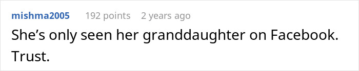 A social media comment from mishma2005 about a boomer's xenophobic remarks, stating the boomer has only seen her granddaughter on Facebook. A social media comment from mishma2005 about a boomer's xenophobic remarks, stating the boomer has only seen her granddaughter on Facebook.