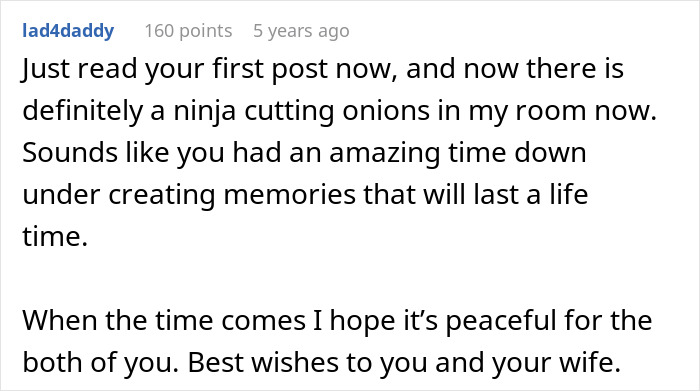 A supportive comment expressing emotion and best wishes to a husband and his wife facing sad news after a lifetime trip. A supportive comment expressing emotion and best wishes to a husband and his wife facing sad news after a lifetime trip.