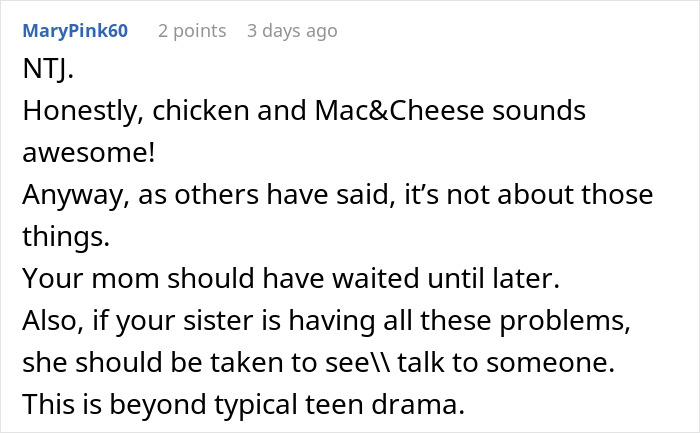 Another Reddit comment about a woman's birthday dinner and her teen sister crying over food, suggesting the sister needs help.