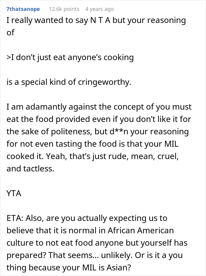 A woman refuses to eat at her MILs home, not wanting to eat anyone's cooking.