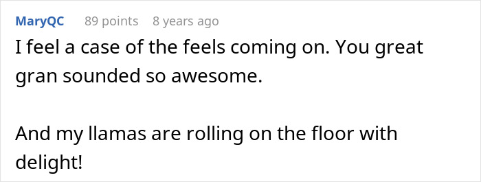 A comment praising a great-grandma for trolling from beyond the grave, making an entitled in-law fume. A comment praising a great-grandma for trolling from beyond the grave, making an entitled in-law fume.