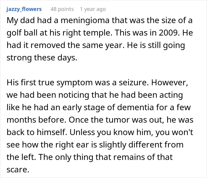 A Reddit comment sharing a personal story about a dad with a meningioma brain tumor, emphasizing second chances.