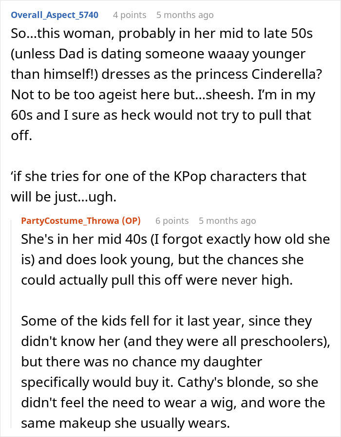 A screenshot of comments about a stepmom's age and her choice to dress as a K-Pop character for a kid's birthday. A screenshot of comments about a stepmom's age and her choice to dress as a K-Pop character for a kid's birthday.