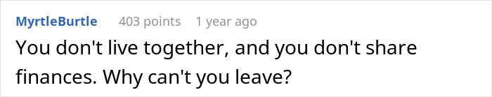 A comment questioning why someone cannot leave a relationship, alluding to the personal costs of pursuing a perfect body and weight loss.