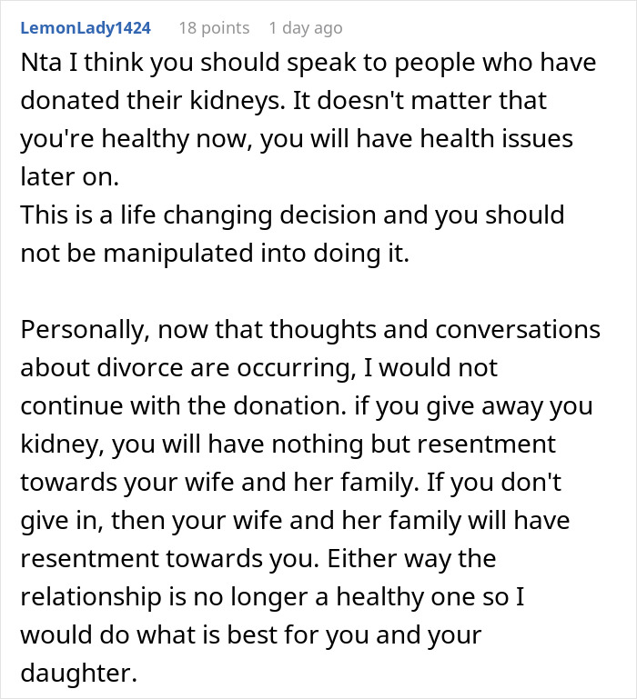 A comment discussing a man changing his mind about donating a kidney to his BIL, suggesting speaking to other donors. A comment discussing a man changing his mind about donating a kidney to his BIL, suggesting speaking to other donors.