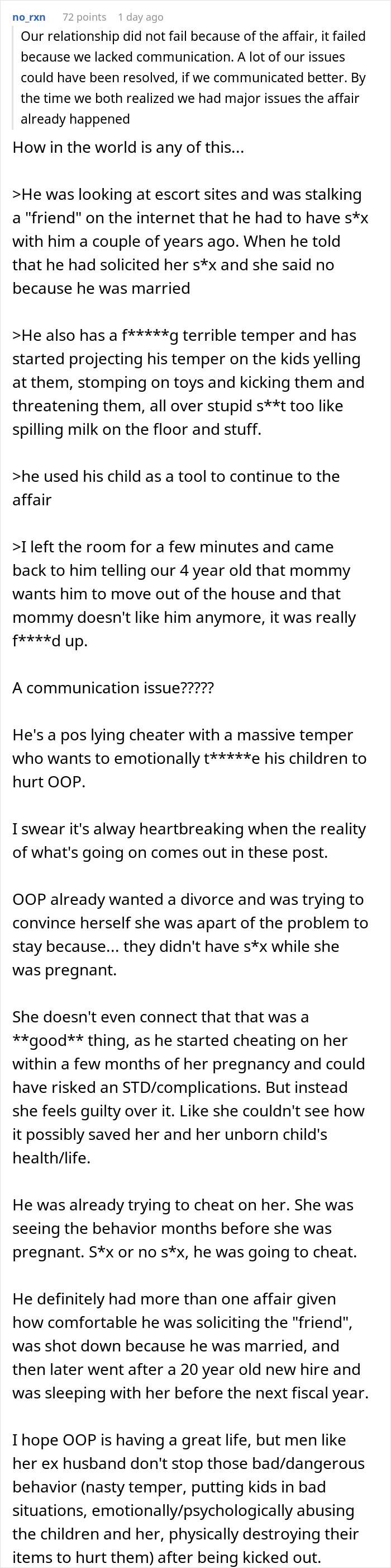 A screenshot of a Reddit post detailing a guy who cheats on his pregnant wife with a coworker. A screenshot of a Reddit post detailing a guy who cheats on his pregnant wife with a coworker.