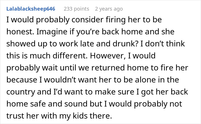 A screenshot of a comment from Lalablacksheep646, suggesting that the original poster should fire the nanny for unprofessional behavior during the family vacation.