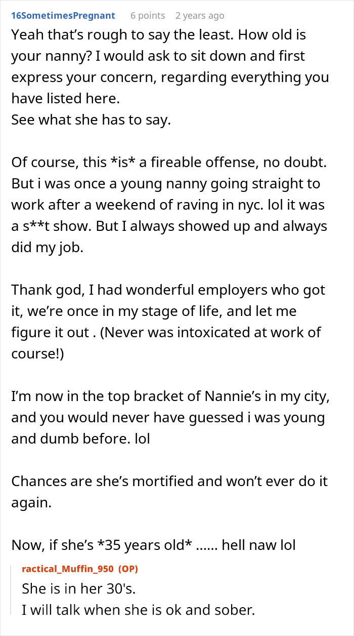 A user comment discussing the nanny's age and past experience, giving advice on the family vacation situation.