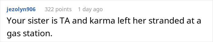 A screenshot of a Reddit comment about family drama, noting the sister was stranded due to her reaction. A screenshot of a Reddit comment about family drama, noting the sister was stranded due to her reaction.