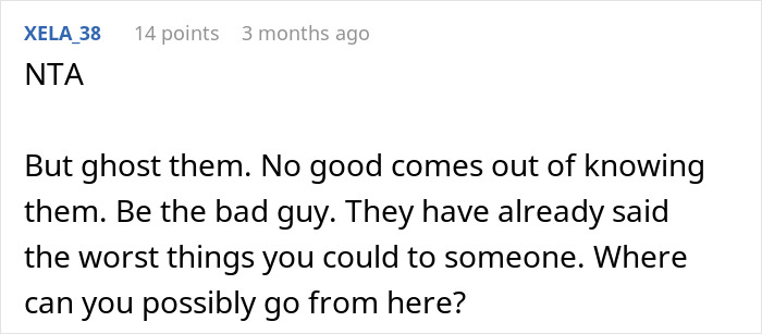 A Reddit comment from XELA_38 advising to ghost a MIL who turned pregnancy into a competition and showed no sympathy for a DIL miscarriage. A Reddit comment from XELA_38 advising to ghost a MIL who turned pregnancy into a competition and showed no sympathy for a DIL miscarriage.