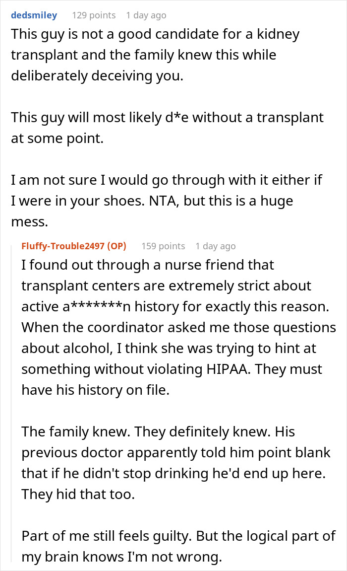 Reddit comment discussing the ethics of donating a kidney, highlighting concerns about the BIL's history and family deception. Reddit comment discussing the ethics of donating a kidney, highlighting concerns about the BIL's history and family deception.
