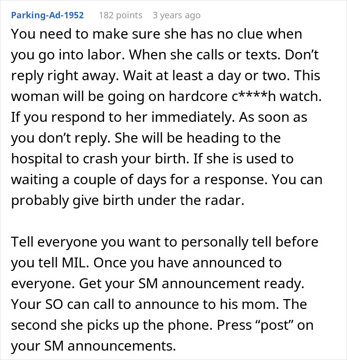 A comment advising on how to manage an overbearing FMIL during a baby name announcement. A comment advising on how to manage an overbearing FMIL during a baby name announcement.