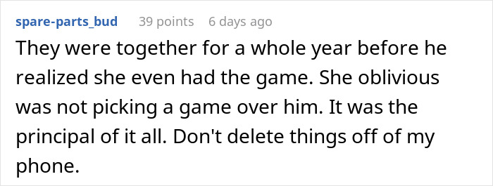 A comment regarding a BF deleting a phone app, emphasizing the principle of not deleting things from someone else's phone. A comment regarding a BF deleting a phone app, emphasizing the principle of not deleting things from someone else's phone.