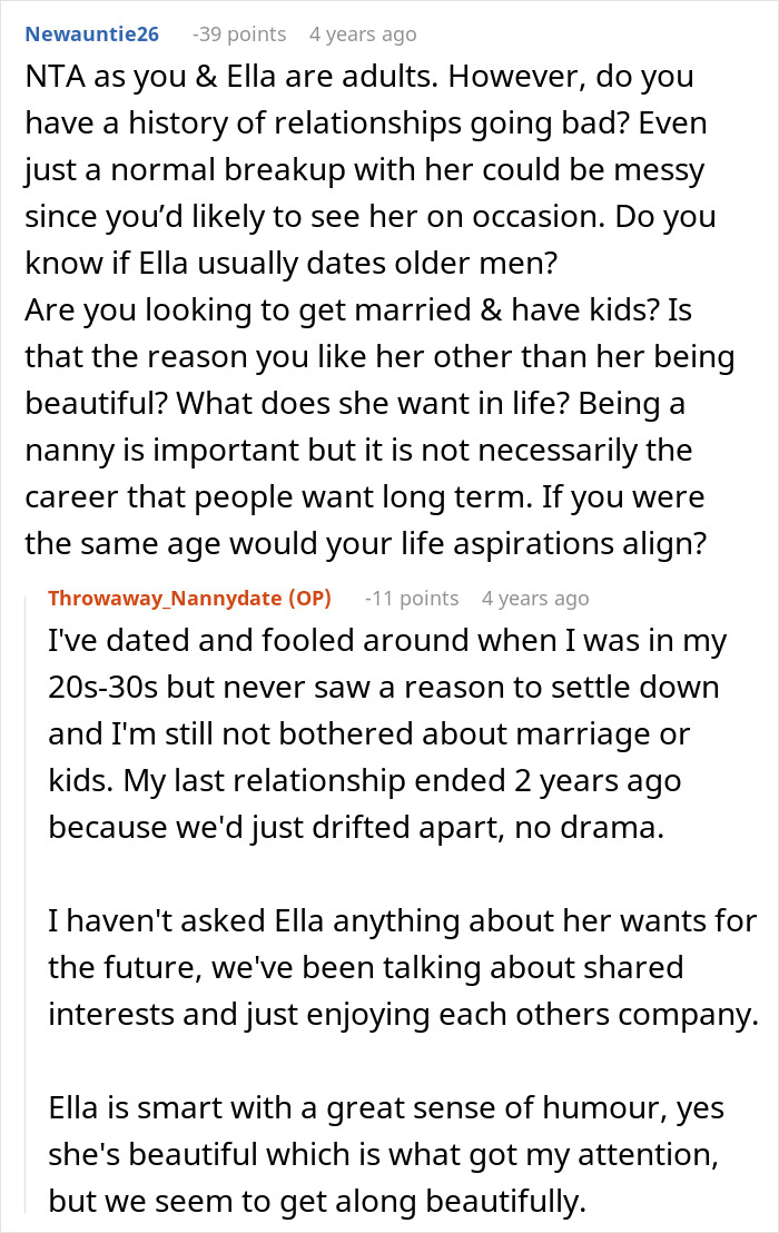 A Reddit post about a guy pursuing his friend's nanny, discussing relationship history. Pursuing friend's nanny, dark truth, creeps people out.
