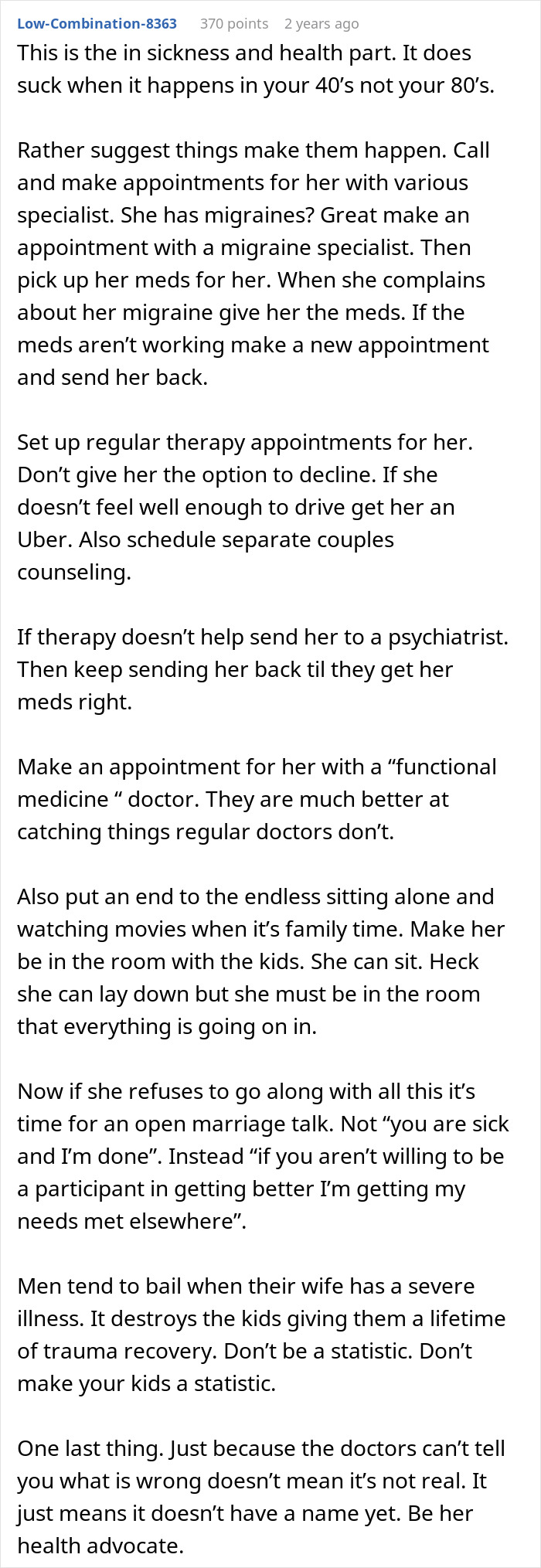 Man carries the family, sick wife sleeps 12 hours a day. Detailed advice on therapy, appointments, and communication.
