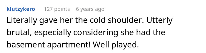 A screenshot showing a comment from klutzykero about an unusual way to deal with a nightmare neighbor.