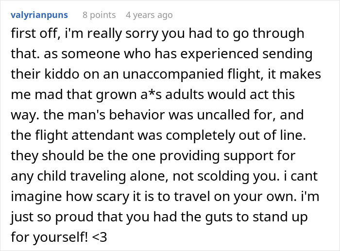 A comment expressing solidarity with a child and criticizing a man and flight attendant over a window seat dispute. A comment expressing solidarity with a child and criticizing a man and flight attendant over a window seat dispute.