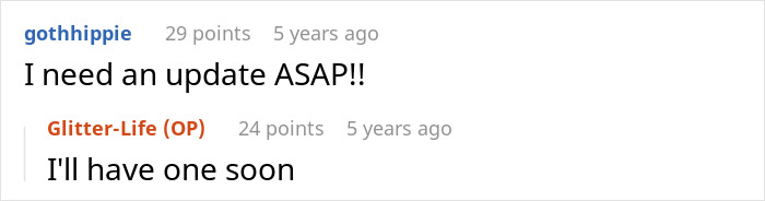 Screenshot showing a comment asking for an update on the pushy MIL, with OP promising one soon. Screenshot showing a comment asking for an update on the pushy MIL, with OP promising one soon.