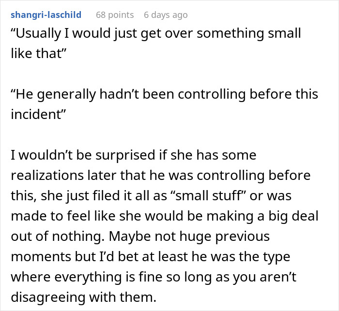 A comment discussing a BF deleting a phone app and suggesting prior controlling behavior, even if disguised as small issues. A comment discussing a BF deleting a phone app and suggesting prior controlling behavior, even if disguised as small issues.