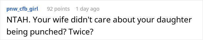A screenshot of a short comment questioning the wife's inaction after nephew punched baby daughter.