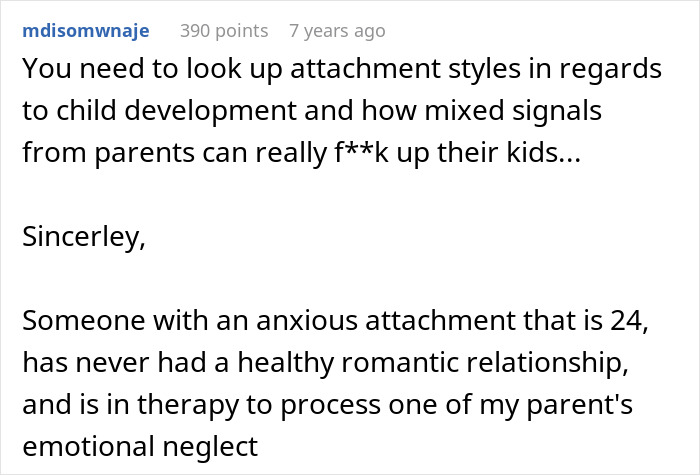 Screenshot of a Reddit comment discussing attachment styles and how mixed signals from parents can affect kids.