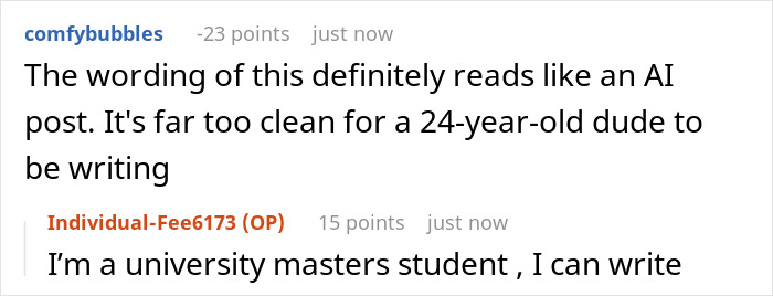 A Reddit comment suggesting an AI wrote the post, with the OP responding about being a university student in the baby's dad case. A Reddit comment suggesting an AI wrote the post, with the OP responding about being a university student in the baby's dad case.