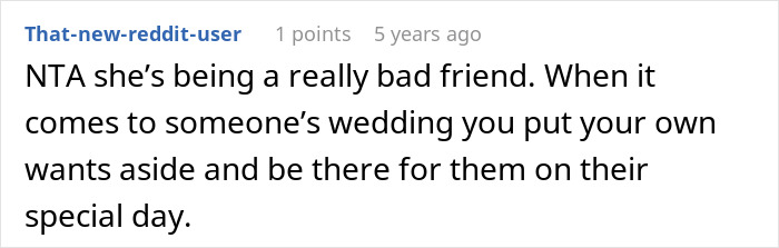 A comment emphasizing the MOH's role as a bad friend and their actions regarding the bride's dress. A comment emphasizing the MOH's role as a bad friend and their actions regarding the bride's dress.