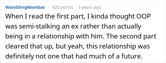 A comment discussing the nature of a relationship and an ex, noting its lack of future.