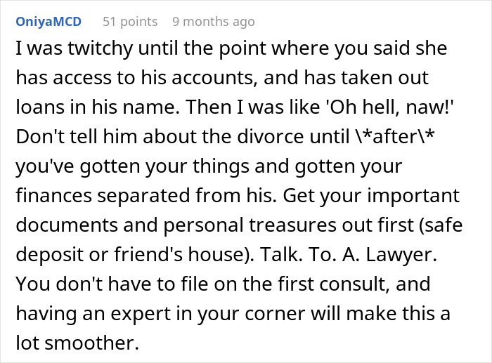 A Reddit comment advising a wife feeling like the third wheel in her marriage to secure finances and documents before discussing divorce. A Reddit comment advising a wife feeling like the third wheel in her marriage to secure finances and documents before discussing divorce.