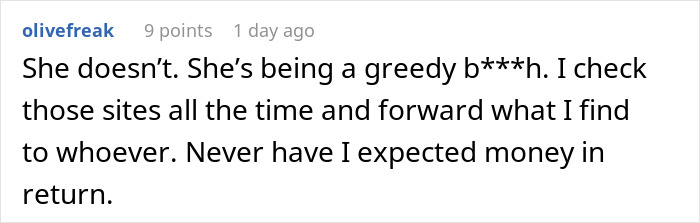 A comment describing the mom as greedy for demanding a $3K finder's fee. A comment describing the mom as greedy for demanding a $3K finder's fee.
