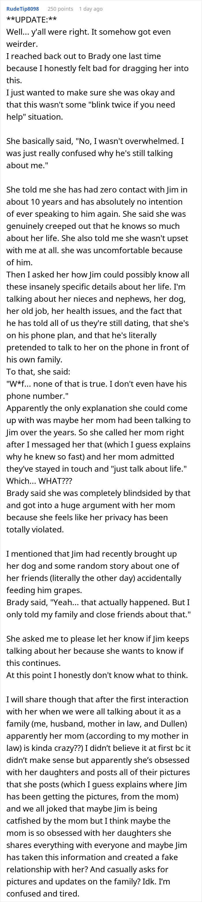 A lengthy update detailing the GF's lack of contact with Jim, her current life, and family discussions.