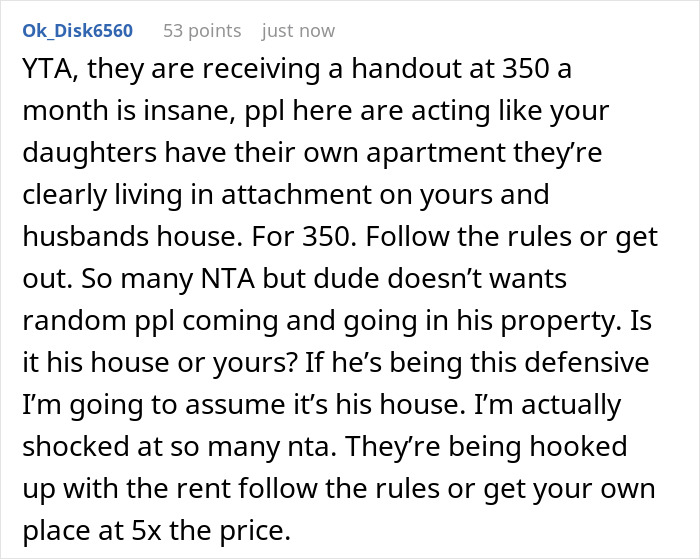 A screenshot of a Reddit comment, calling the woman TA for not supporting her husband's plan to charge her daughter's boyfriend rent. A screenshot of a Reddit comment, calling the woman TA for not supporting her husband's plan to charge her daughter's boyfriend rent.