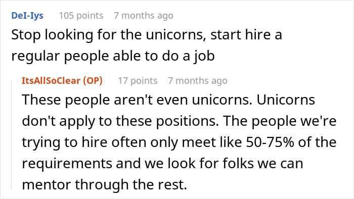 A software engineer finds out about a new hiring scam. The image shows comments about hiring unicorns versus regular people.