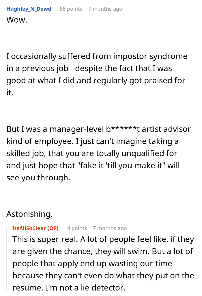 A Reddit comment section discussing a new hiring scam with a software engineer expressing frustration about unqualified candidates.