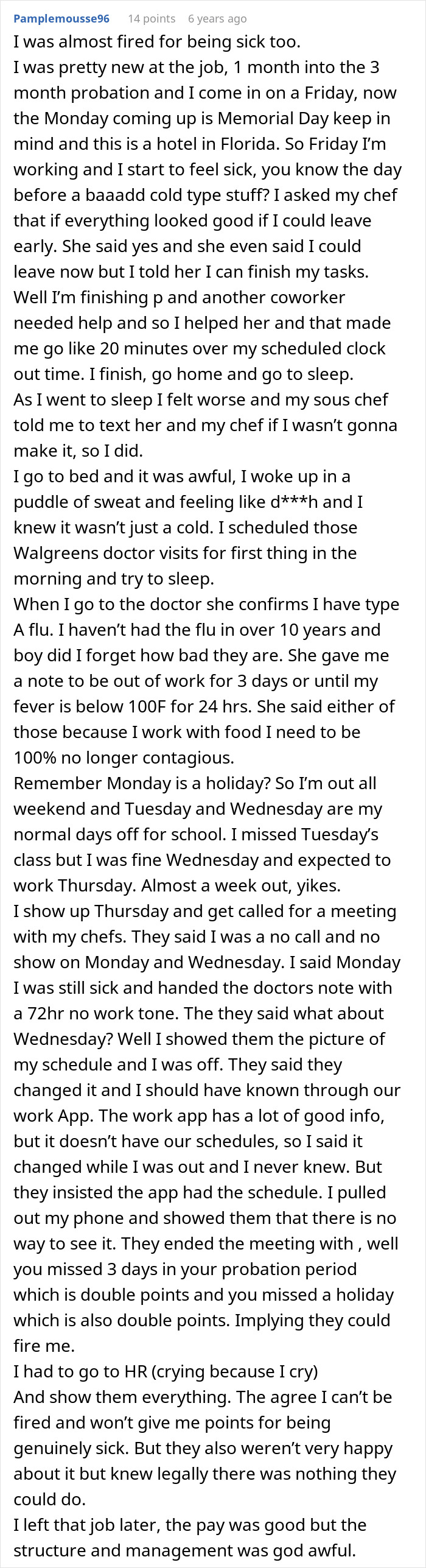 A lengthy Reddit comment from the original poster detailing the events that led to the manager firing the student worker.