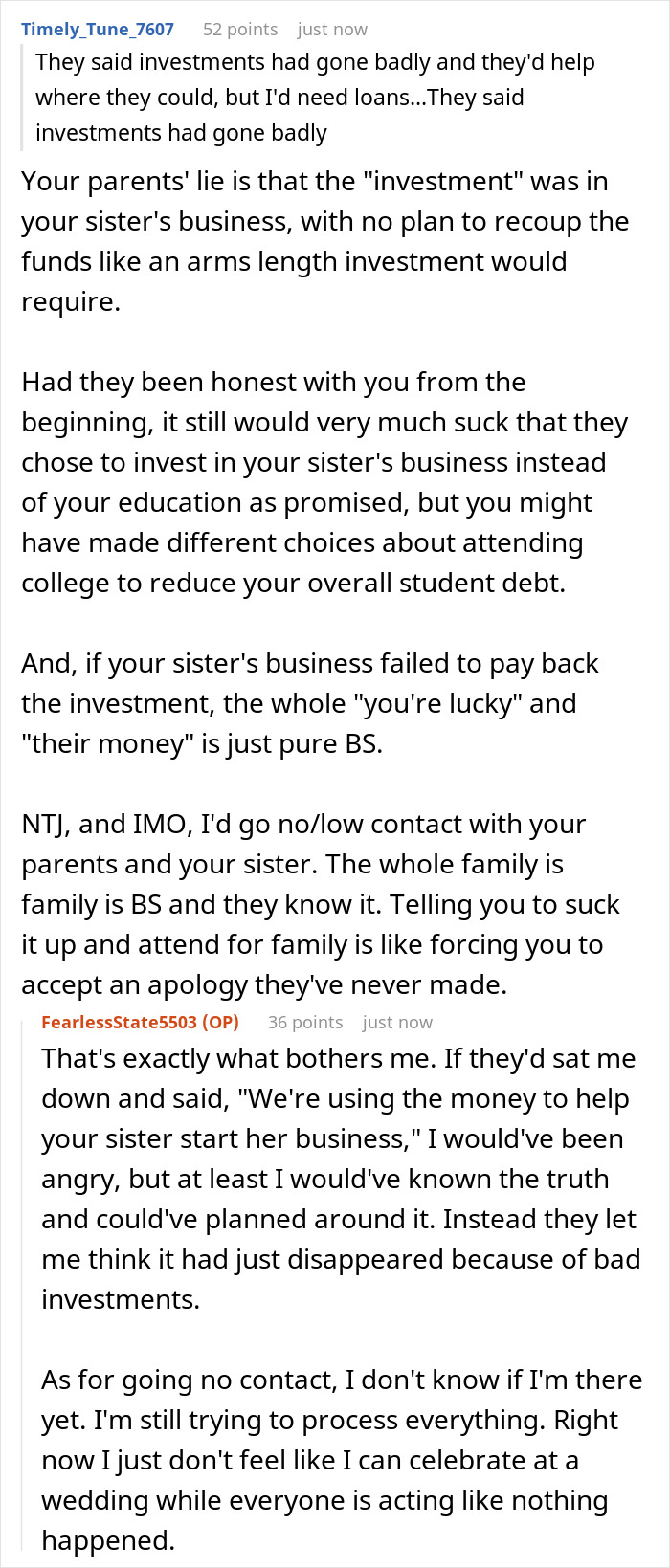 A Reddit comment detailing family deceit regarding investments and a sister receiving college fund, and the poster processing the betrayal. A Reddit comment detailing family deceit regarding investments and a sister receiving college fund, and the poster processing the betrayal.