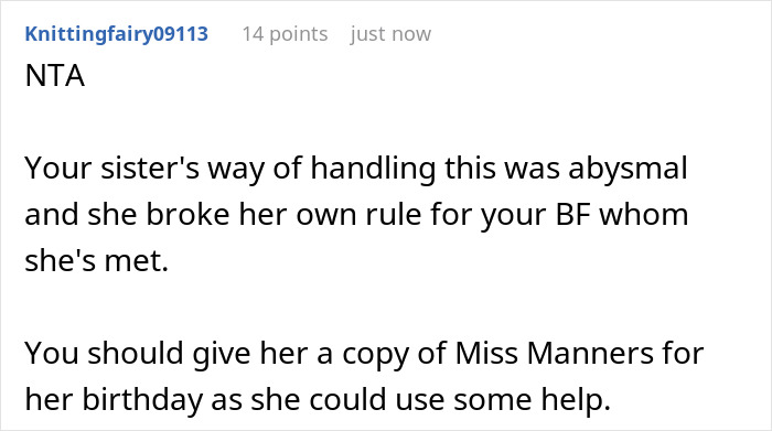 Bridesmaid's boyfriend excluded from wedding guest list, bride accuses sister of spreading rumors.