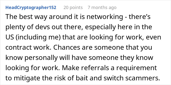 A software engineer suggests networking to avoid hiring scam and mitigate the risk of bait and switch scammers.