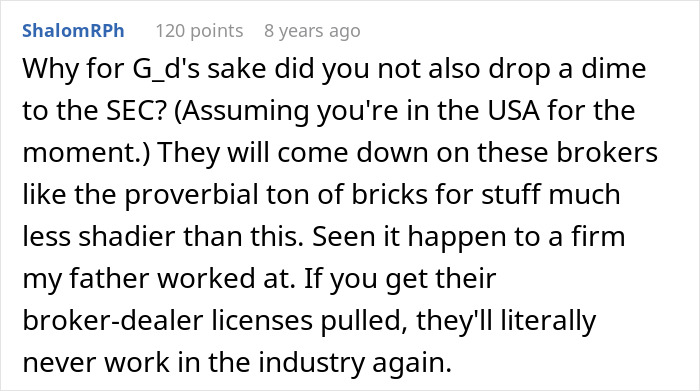 A comment suggesting reporting the greedy bosses to the SEC for their plans to fire the IT guy. A comment suggesting reporting the greedy bosses to the SEC for their plans to fire the IT guy.