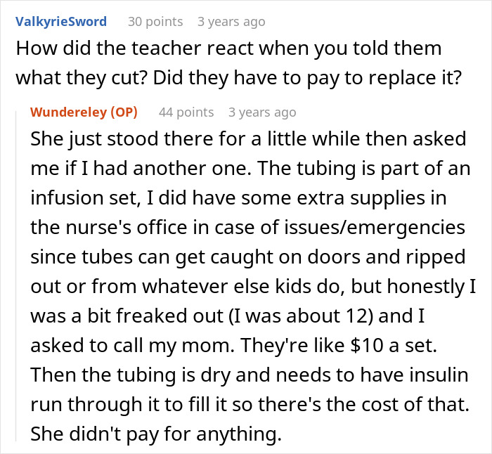 The student explains the teacher's reaction and the cost of replacing the insulin pump after the teacher learned a lesson. The student explains the teacher's reaction and the cost of replacing the insulin pump after the teacher learned a lesson.
