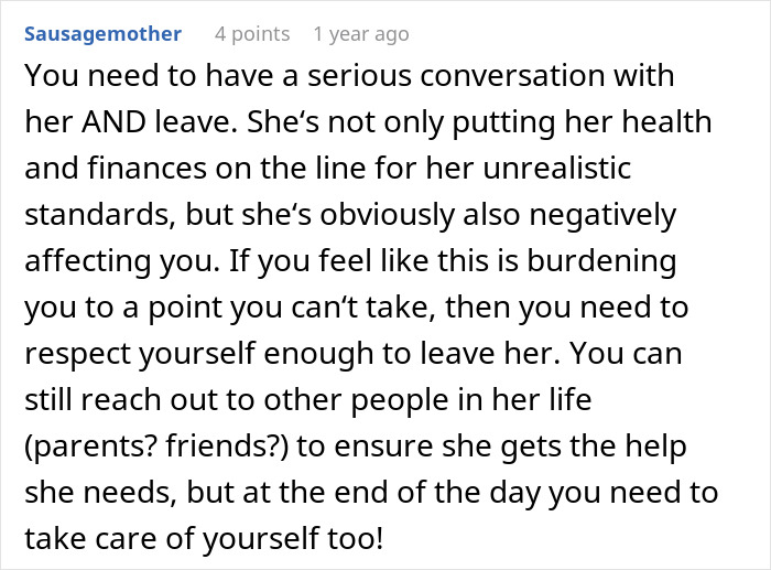 A Reddit comment discussing the need to leave a relationship where a woman is chasing the perfect body and losing more than weight.