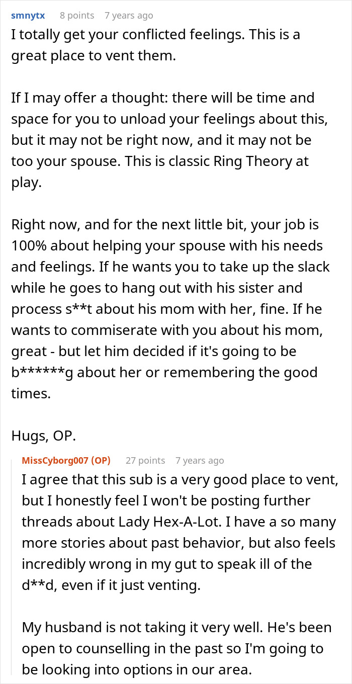 A Reddit thread where users offer support to someone coping with the d***h of their crazy MIL after her potion.