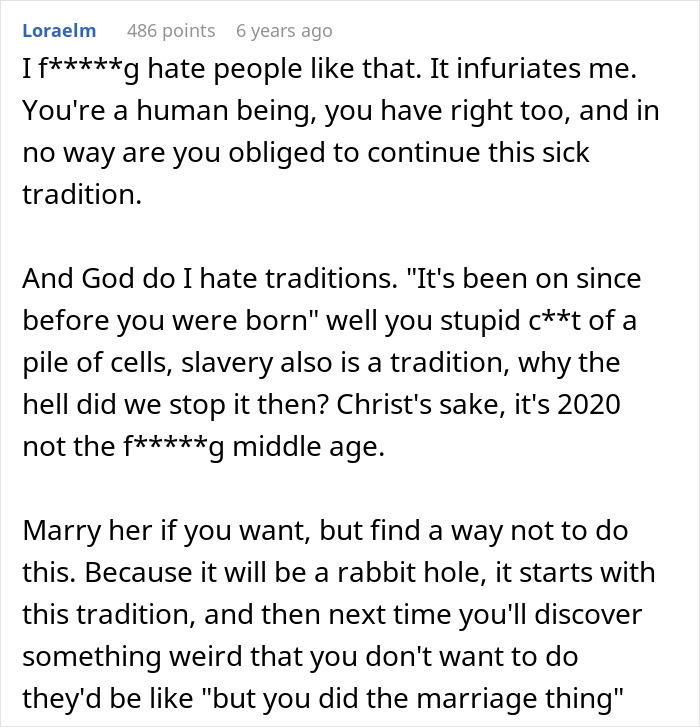 A lengthy Reddit comment discussing the wedding night bed sheet tradition and the importance of not continuing it.
