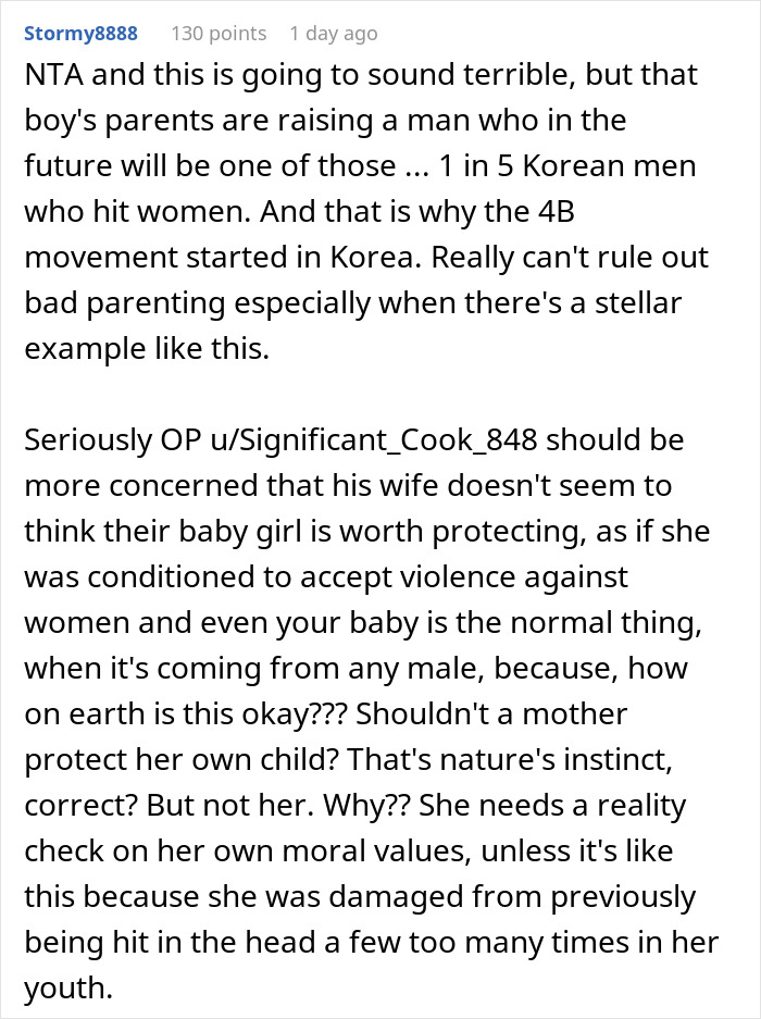 A screenshot of a comment from a thread discussing a man punishing nephew for punching baby daughter.
