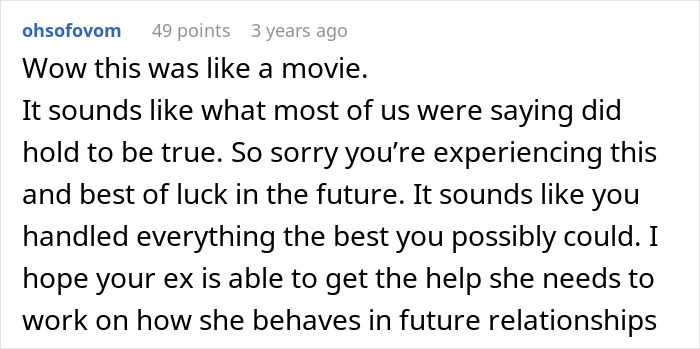 A comment on the cheating ex story, comparing it to a movie and wishing luck in future relationships.