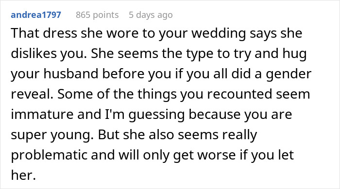 A comment advises a frustrated bride about her toxic MIL wearing a white dress to her wedding. A comment advises a frustrated bride about her toxic MIL wearing a white dress to her wedding.