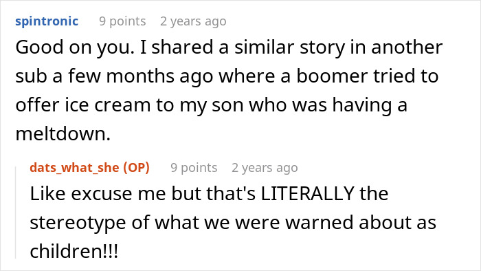 Boomer's xenophobic remarks; online comment about a boomer offering a child ice cream during a meltdown. Boomer's xenophobic remarks; online comment about a boomer offering a child ice cream during a meltdown.